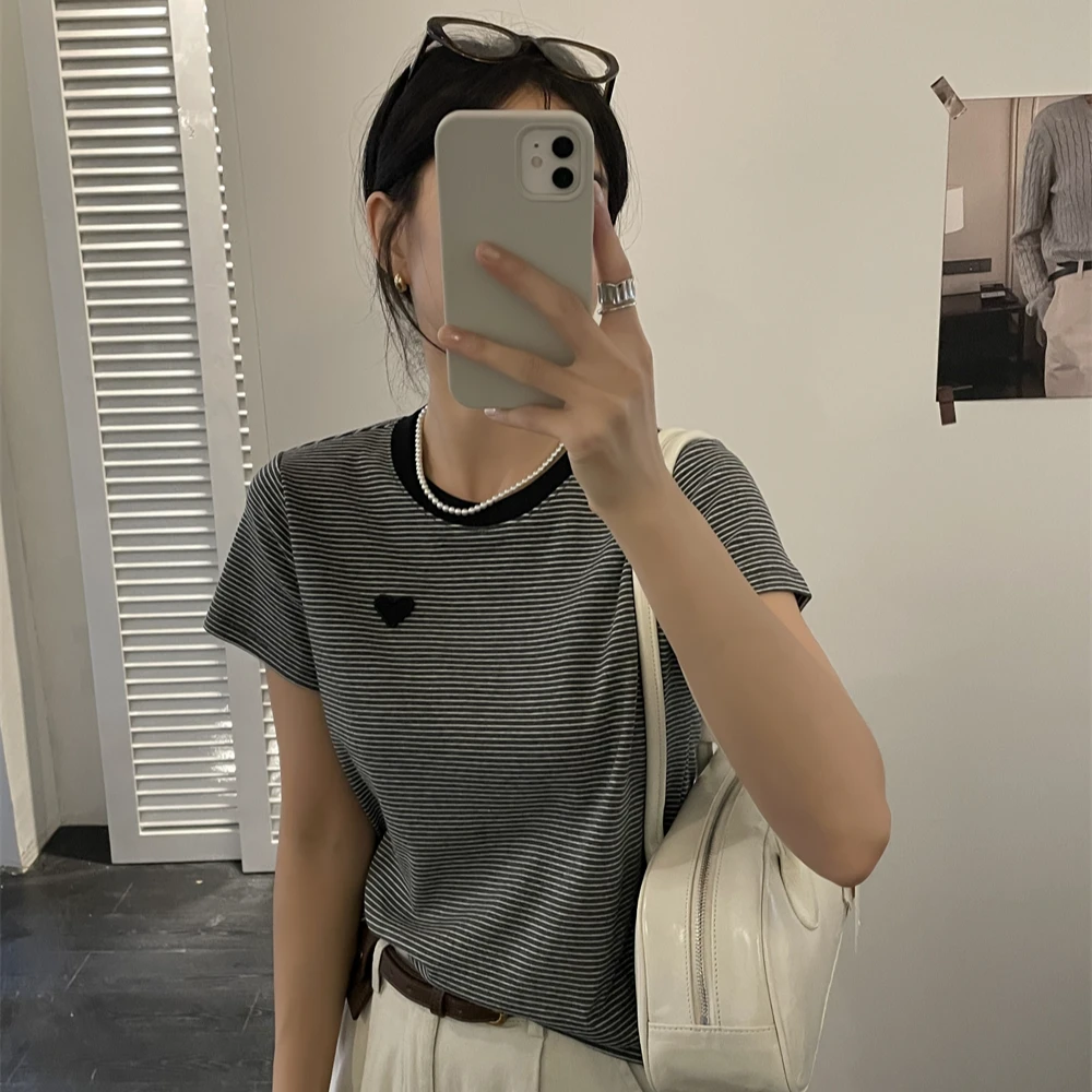 「小爱心贴布」260克 减龄显瘦条纹T恤女秋季韩版休闲百搭短袖Z505