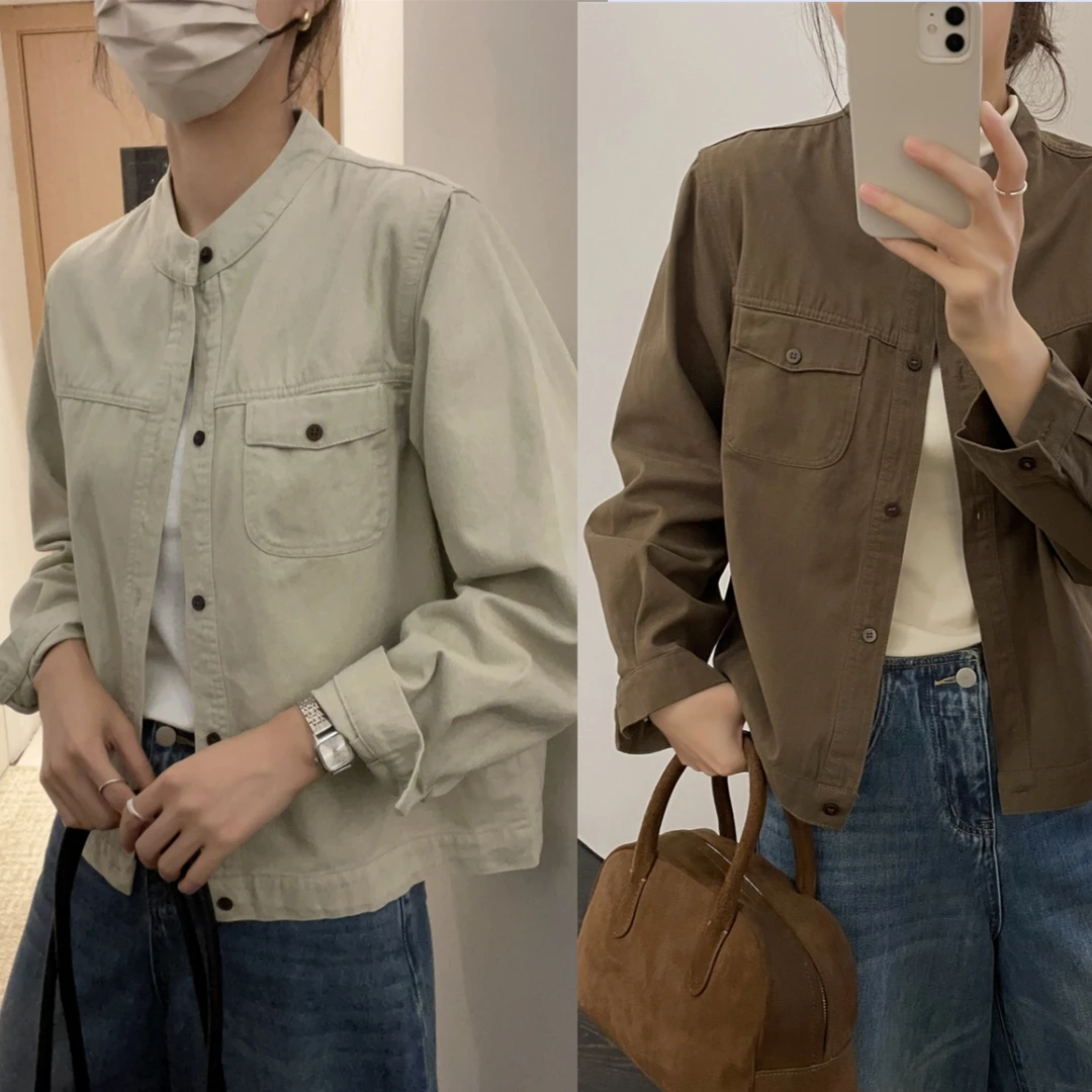 「100%棉小立领外套」成衣水洗斜纹棉洋气春秋韩版休闲工装夹克S001