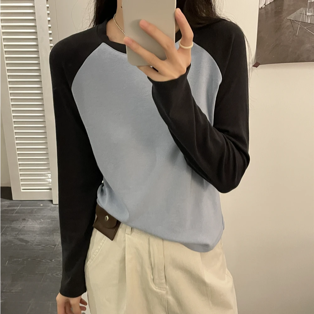 「巨柔软 雅舒棉」撞色插肩袖打底衫 秋冬韩版百搭宽松显瘦T恤T073