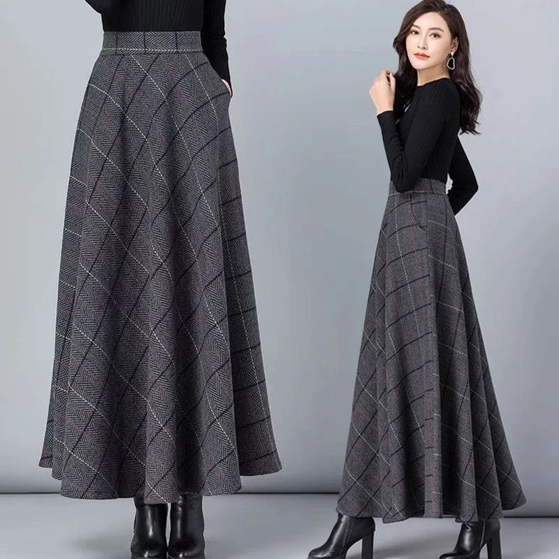 2024秋冬毛呢格子半身裙女百搭高腰A字裙中长款加厚显瘦大码长裙