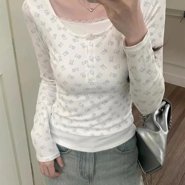 芭蕾风小熊打底衫长袖t恤女秋冬磨毛绒带胸垫内搭假两件上衣