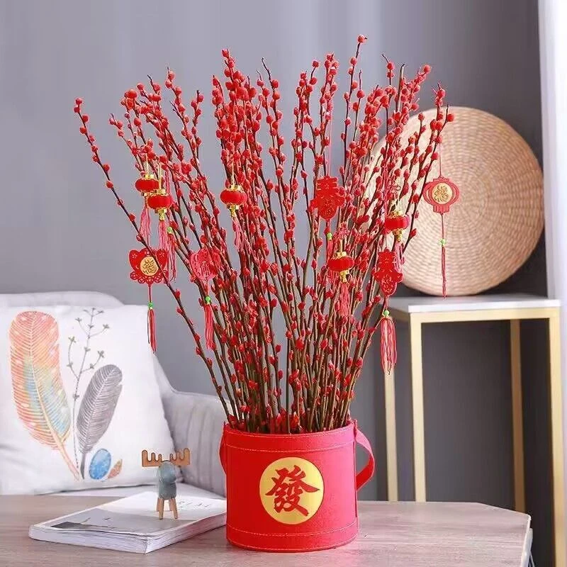 家里春节招财红色银柳真花鲜枝耐寒年宵花卉卧室客厅摆放装饰花卉