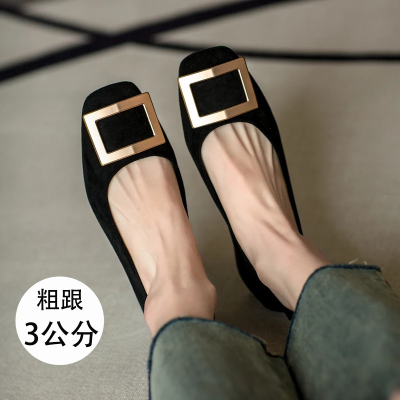 方头粗跟单鞋女浅口2025春夏新款绒面网红百搭黑色工作鞋惠州女鞋