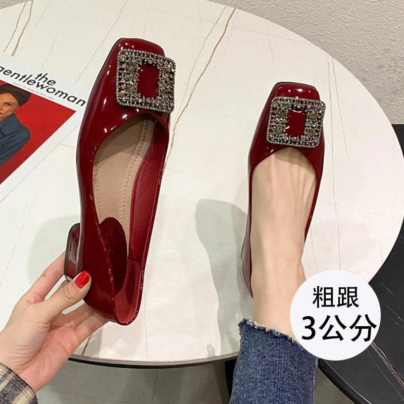 方头粗跟单鞋女仙女风2025春新款韩版百搭水钻浅口软皮中跟晚晚鞋