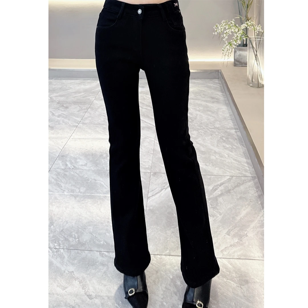 317-1加绒黑色喇叭牛仔裤紫色牌显瘦时尚休闲微喇叭弹力秋冬