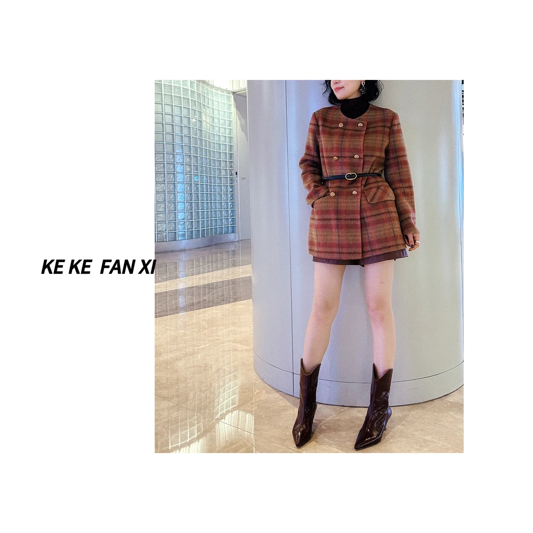 2411圆领双排扣腰带中长款大衣气质时尚复古设计师轻奢秋冬冬季