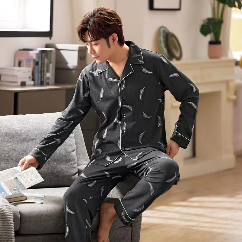 睡衣男长袖秋冬款中青老年休闲有居服开衫胖子加大加肥套装330斤