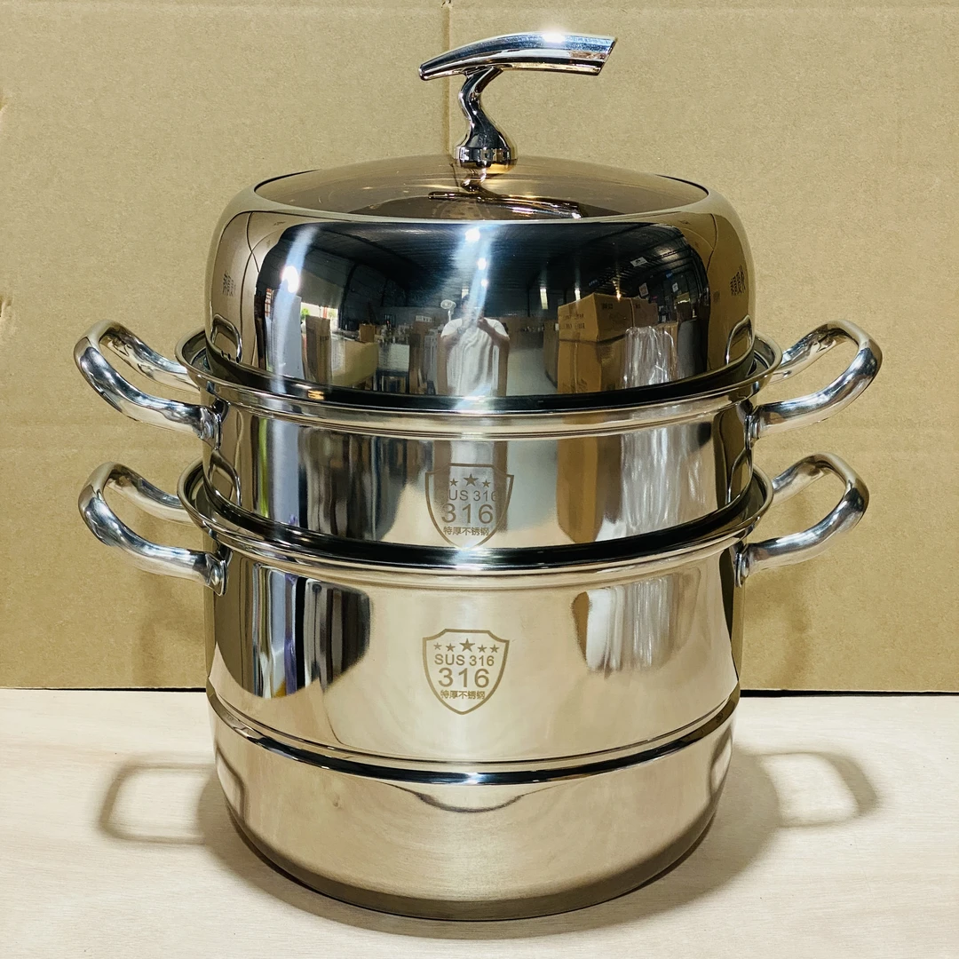 外贸新款不锈钢蒸锅家用加高加厚三层食品级一体成型蒸煮锅
