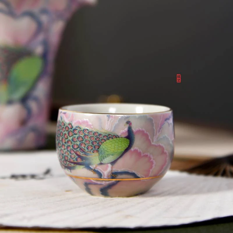 孔雀渡杯陶瓷精美功夫茶具复古高档品茗杯主人杯家用珐琅彩喝茶杯
