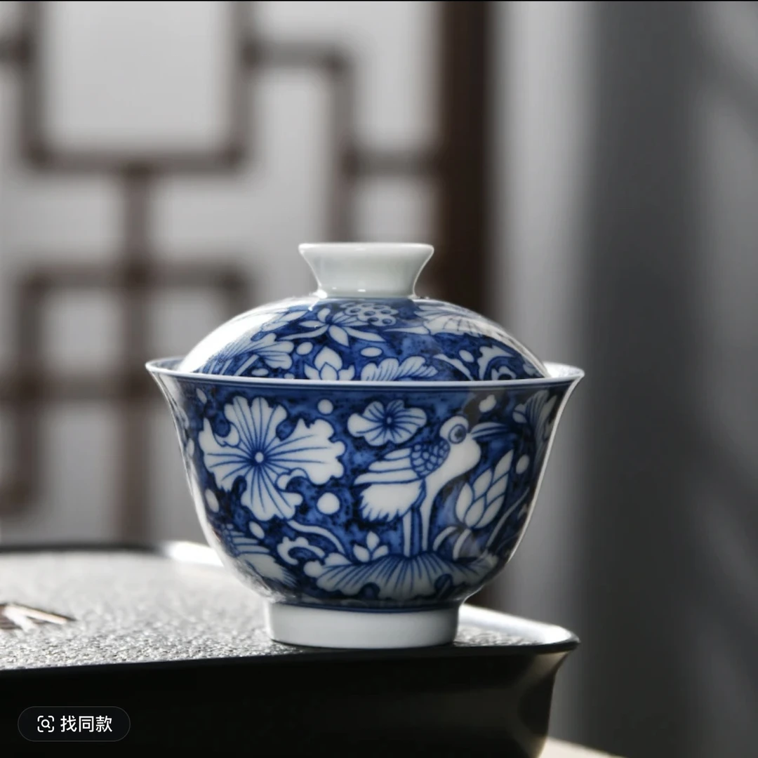 成艺鹭连科二才盖碗茶具陶瓷小号介杯手工手绘独立包装青花瓷盖碗