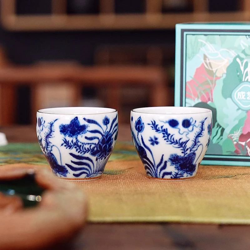成艺鱼藻纹融香单杯茶杯陶瓷主人杯手绘中式对杯复古创意伴手礼