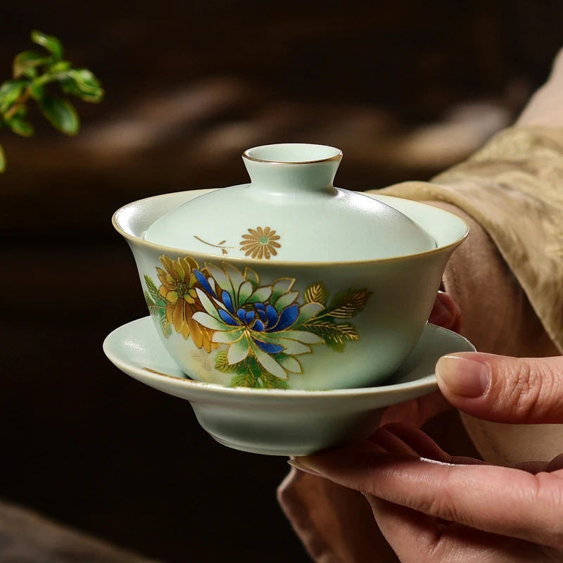 成艺汝窑三才盖碗可养可开片高端茶具泡茶青瓷陶瓷定制茶具礼品