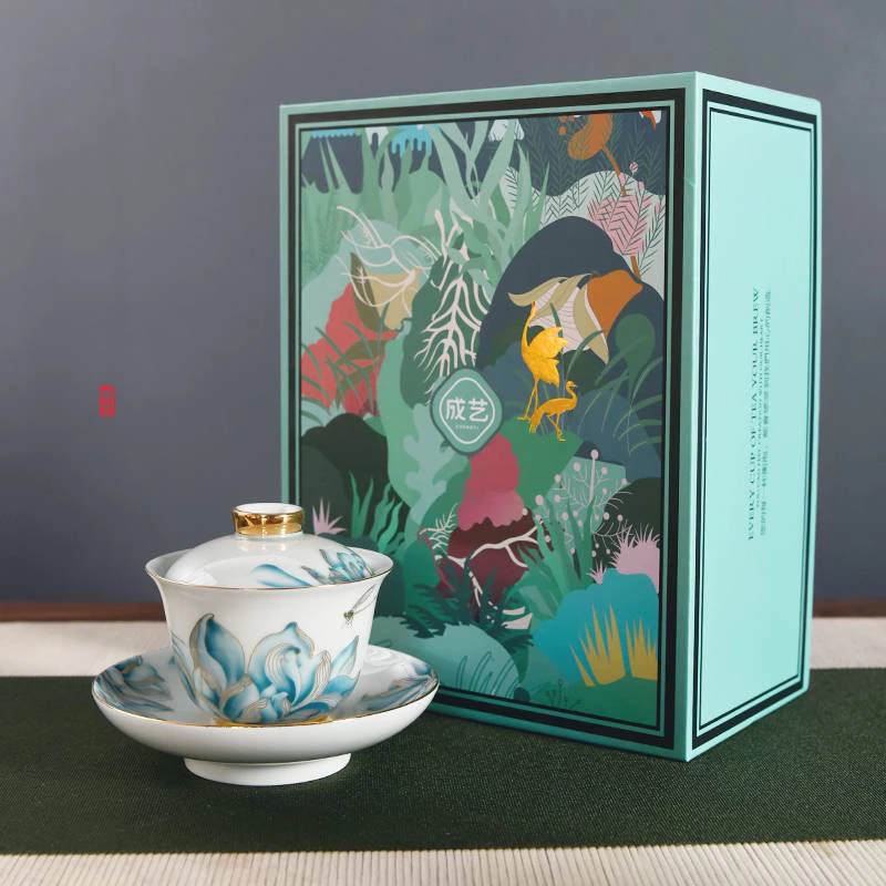 成艺情投意荷三才盖碗茶具高档茶杯陶瓷白瓷复古茶盖碗中式创意