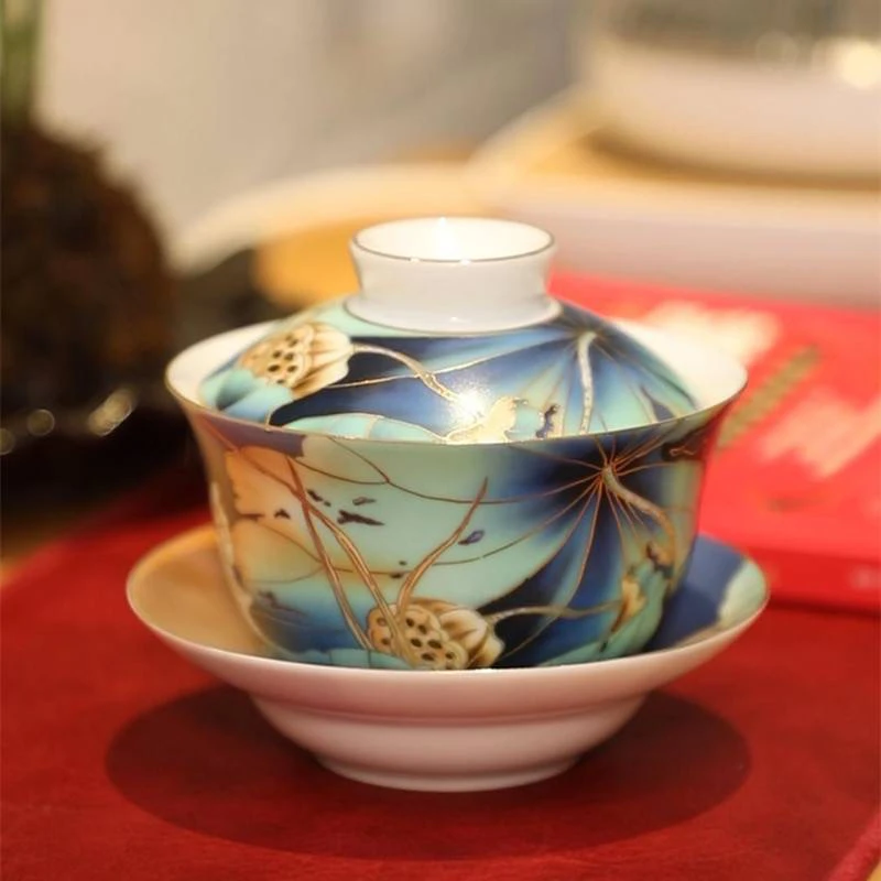 成艺荷悦白瓷三才盖碗茶具大号盖碗手工手绘景泰蓝掐丝礼盒礼袋