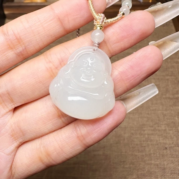 和田玉青海料高冰白玉正装佛公吊坠