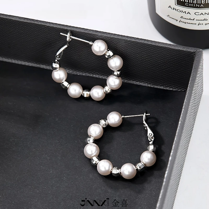 铜合金仿珍珠耳饰 JINNXII串珠圆珠简约耳圈爆款气质高级复古耳环