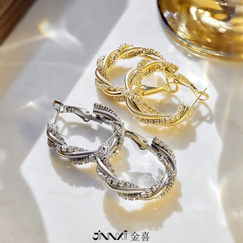 铜合金耳饰 JINNXII扭纹微镶金属耳圈女小众s925银针高级秋冬耳环