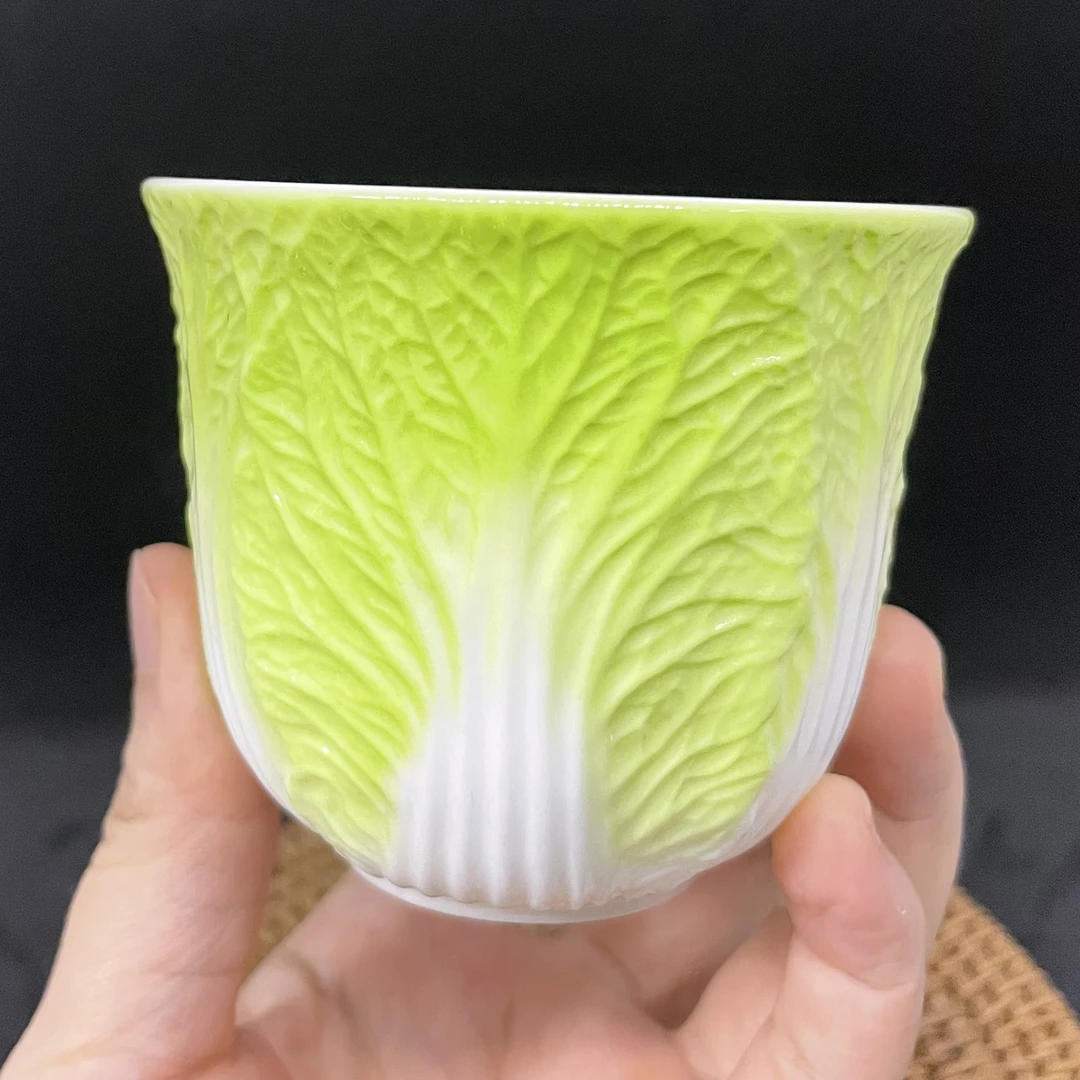 【百财杯】白菜瓜杯手工陶瓷花纹白瓷绿色茶盏主人茶杯高档杯子