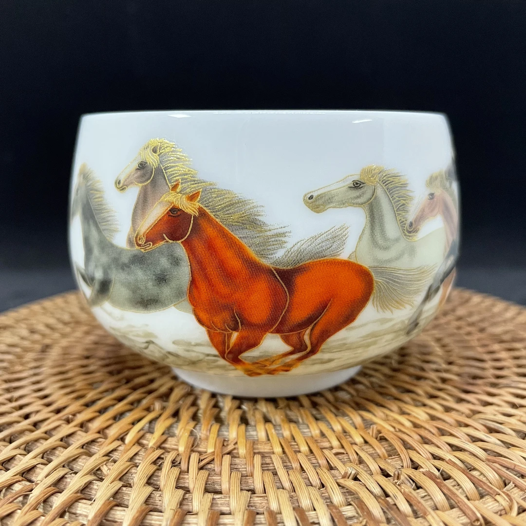 【羊脂玉瓷八骏图】高冰种陶瓷主人杯手绘纯手工将军大肚杯白瓷创意