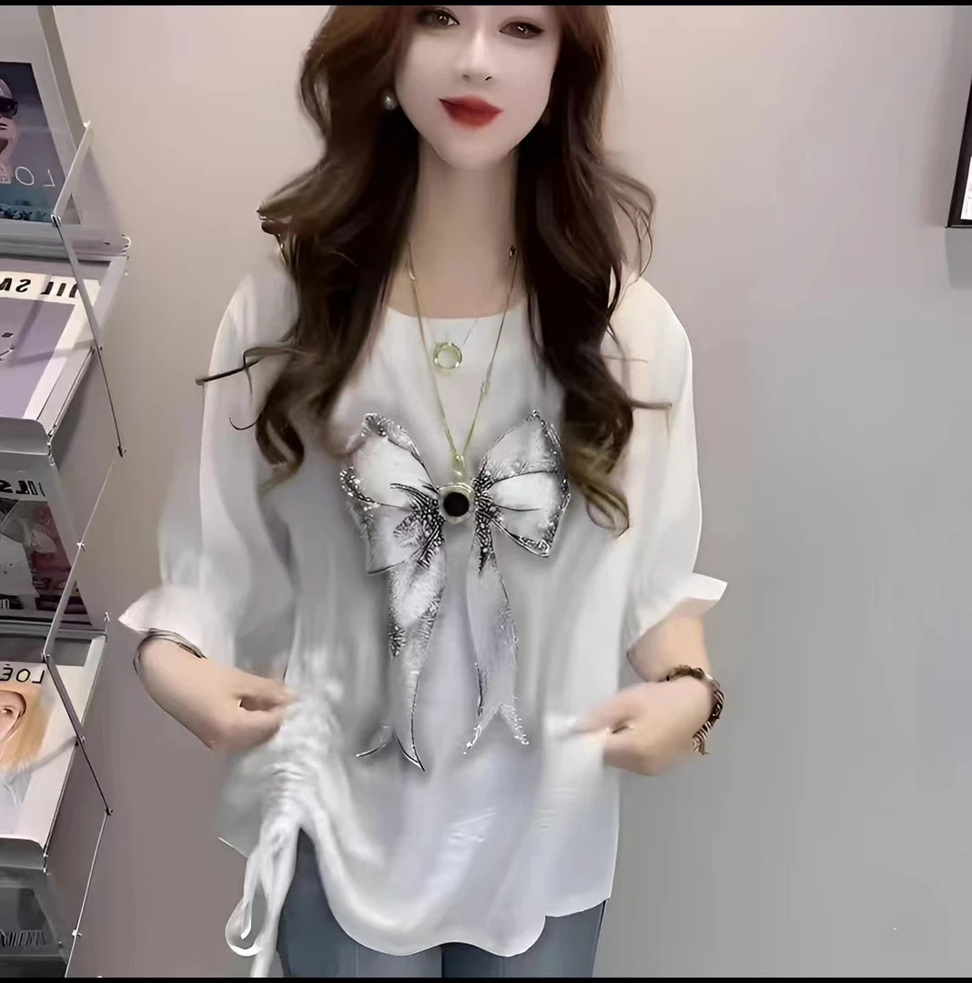 新款时尚韩版宽松潮流洋气夏季显瘦上衣蝴蝶结抽绳衫5267 气质