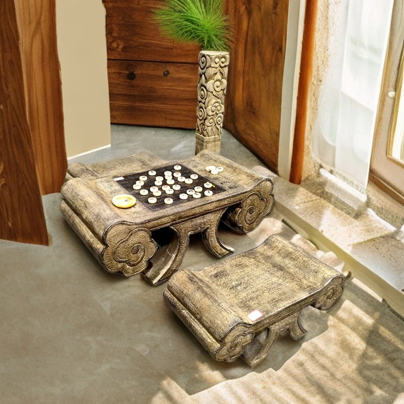 大理石象棋桌青石复古做旧全手工青石石雕自建房国风中式阳台摆件