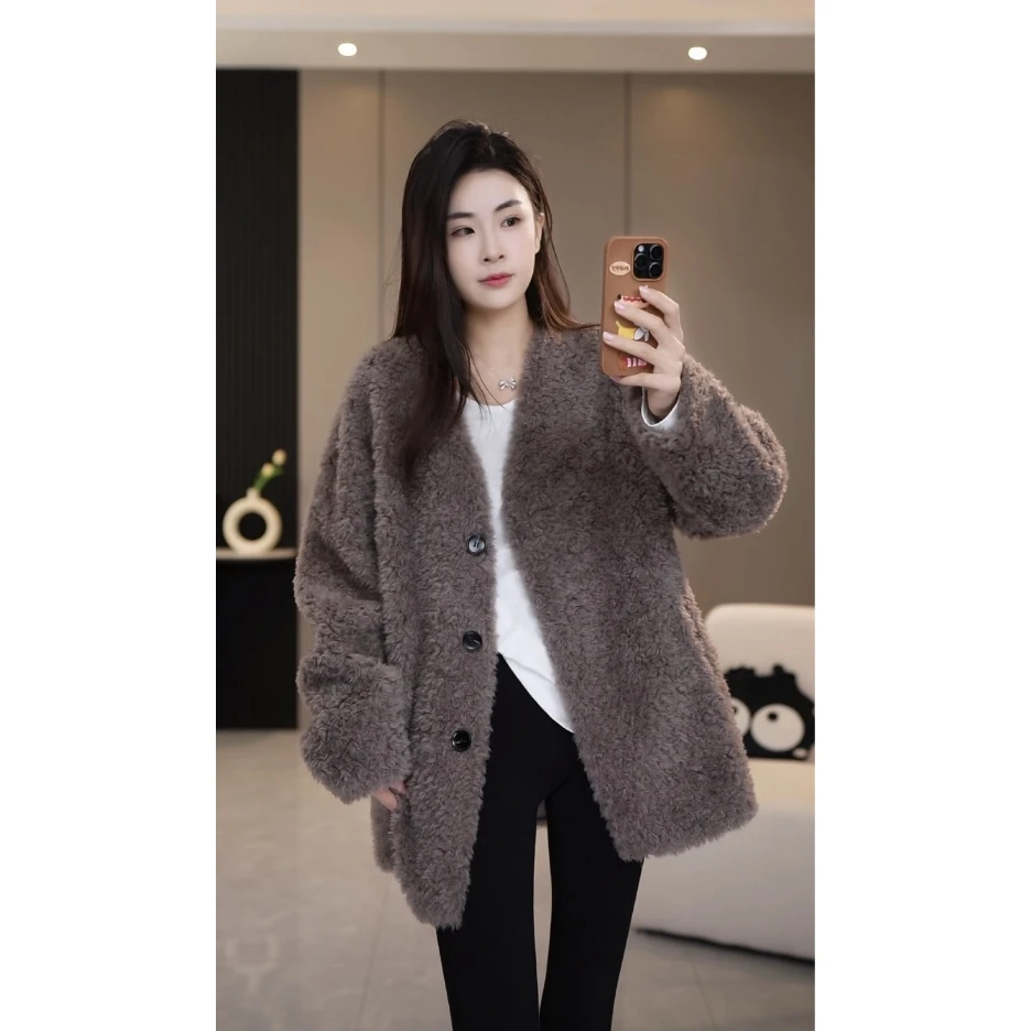 SOURWZZI/所姿新款冬季V领简约韩版宽松时尚羊毛女士外套SZ-25112