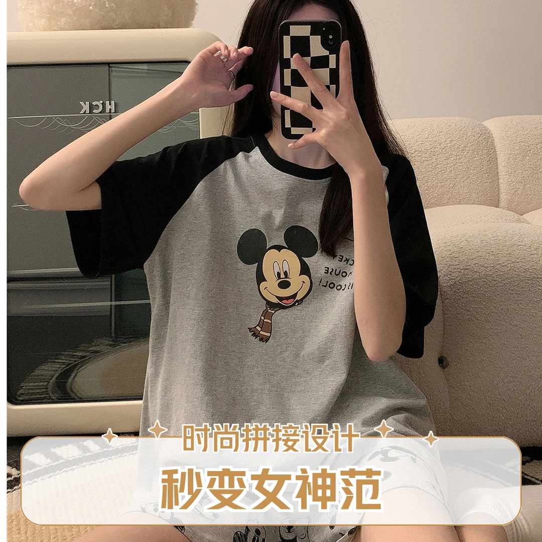 睡衣女夏季短袖短裤套装米奇卡通薄款少女纯棉家居服夏天