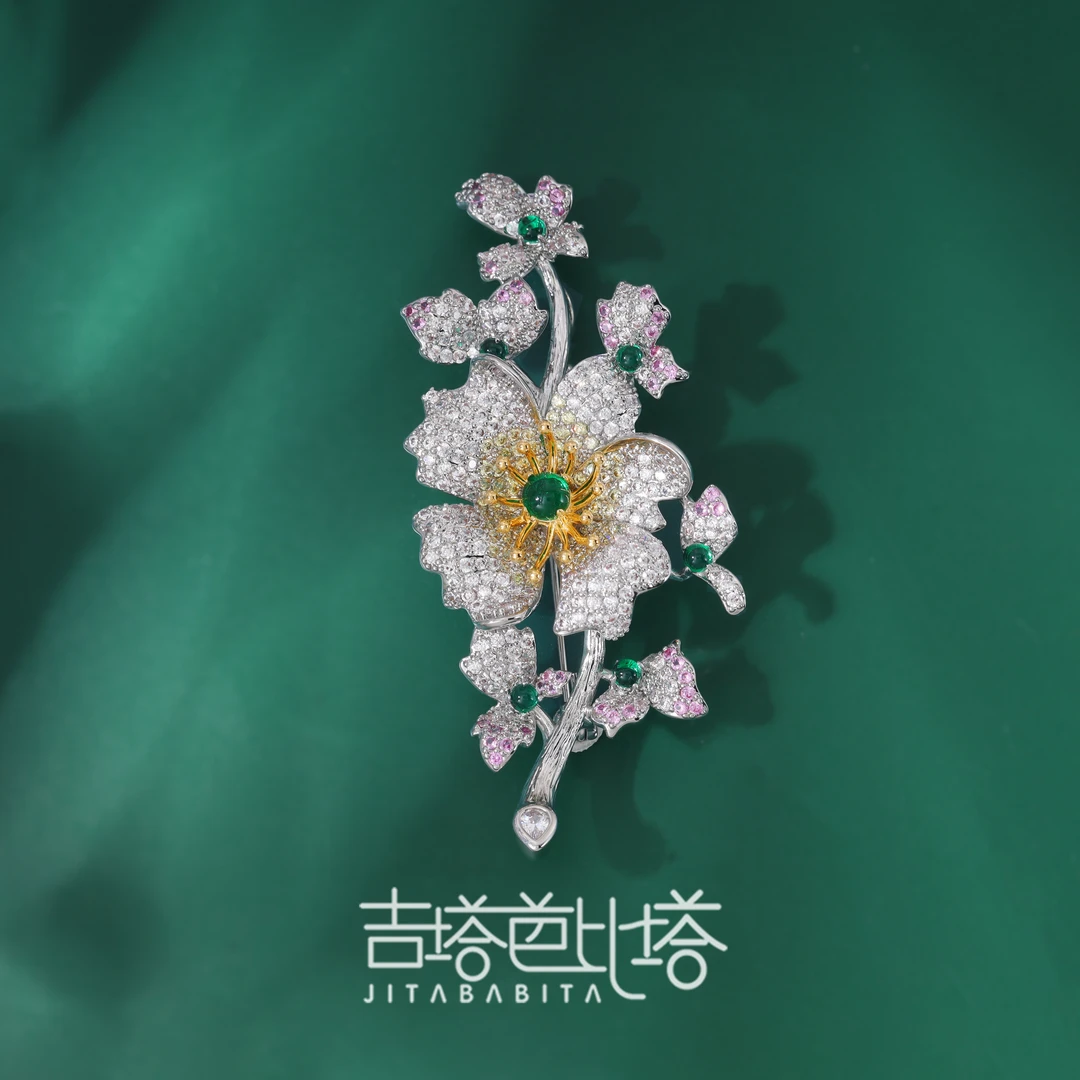 铜合成锆石胸针 轻奢彩色重工银花朵优雅气质胸针胸花 JT-932
