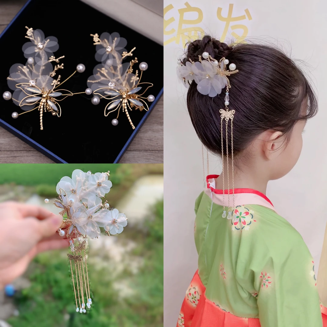 1对装新款古风饰品蜻蜓流苏发夹