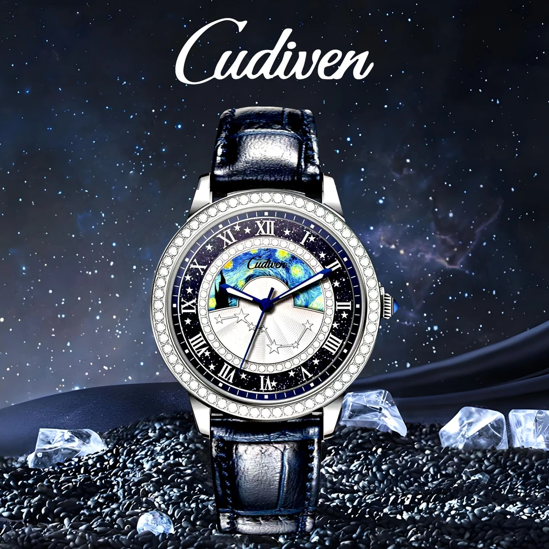 Cudiven梵高七星连珠镶钻夜光防水牛皮蝴蝶扣女机械手表南s400045
