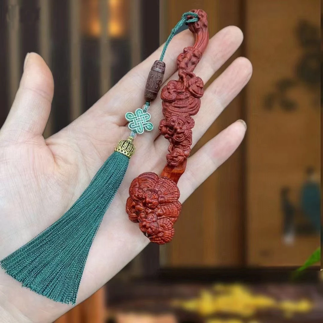 紫檀灵芝造型如意手把件挂件整木雕刻
