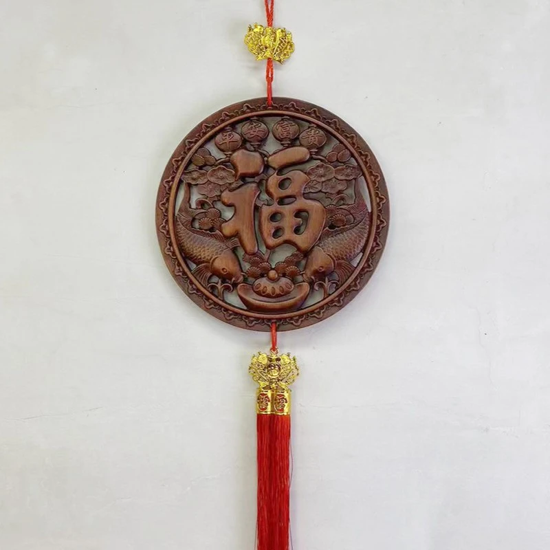 平安富贵28厘米圆形  东阳木雕 香樟木实木挂件