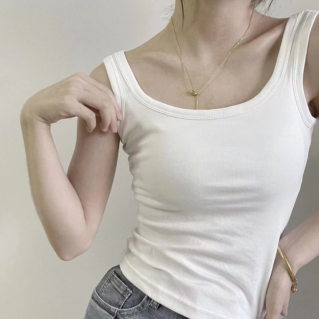 新款带胸垫纯棉内搭背心女百搭圆领无袖打底内衣修身夏季运动纯色