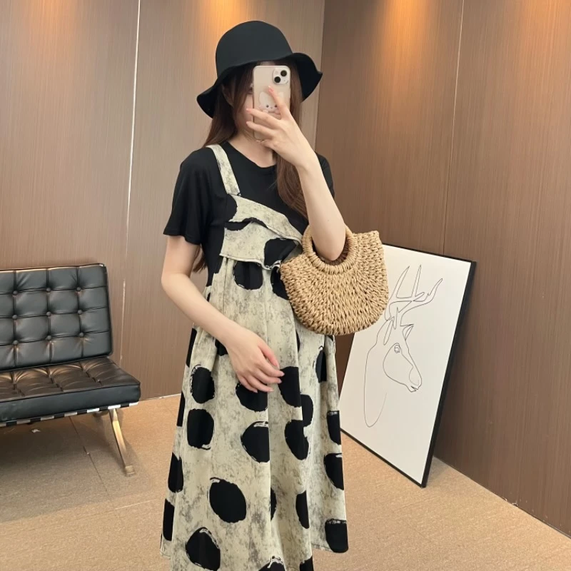 孕妇装波点连衣裙拼接假两件气质夏季减龄宽松显瘦大码裙子潮
