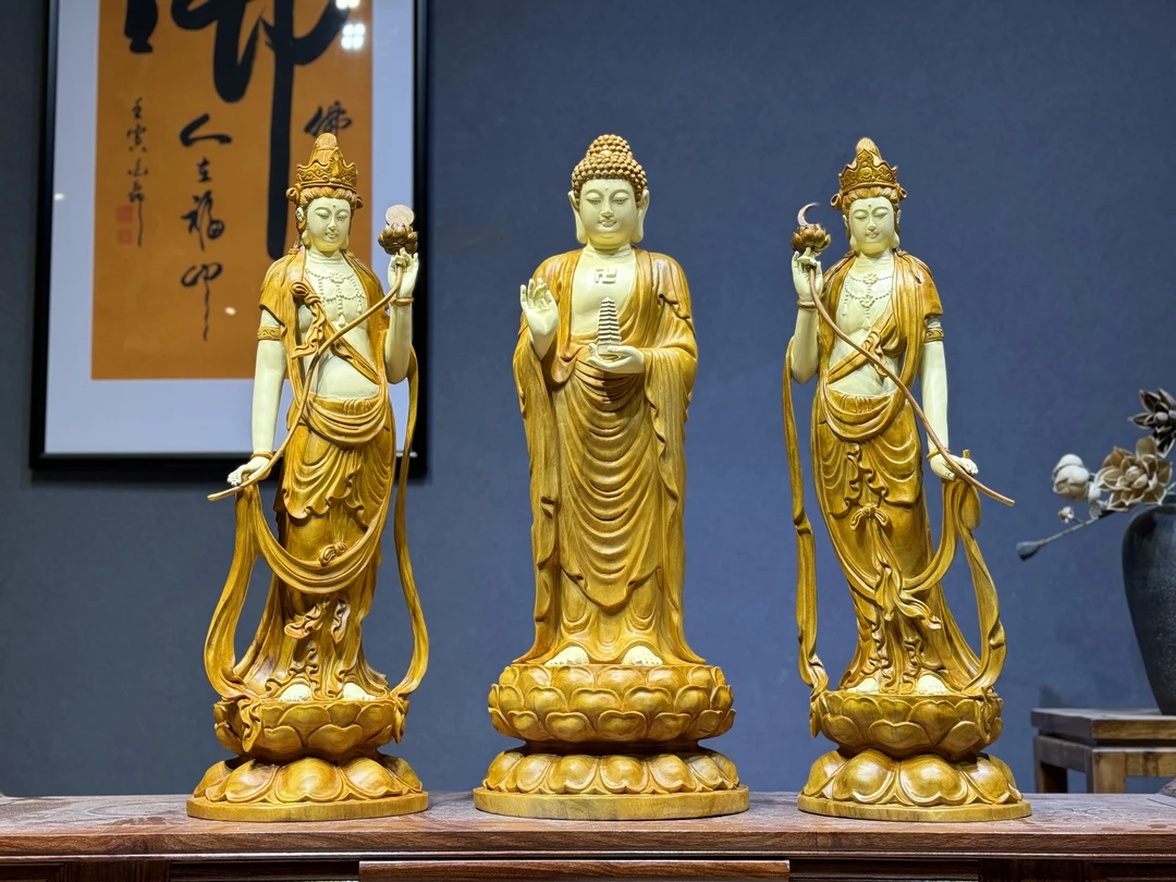 香樟木 东方三圣造像 长23.宽23.高68厘米