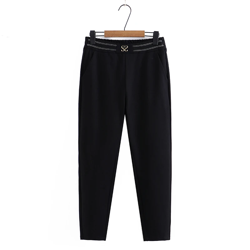 大码女装春秋弹力高腰显瘦休闲烟管松紧腰裤子