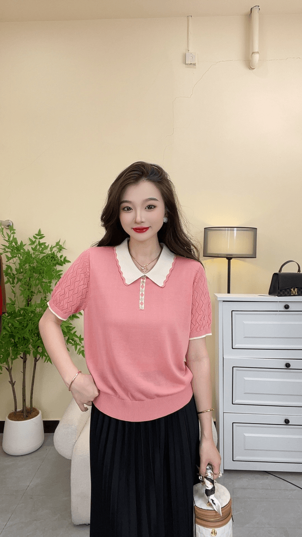 2024新款莱赛尔天丝针织短袖POLO衫V领显瘦款百搭夏季休闲气质