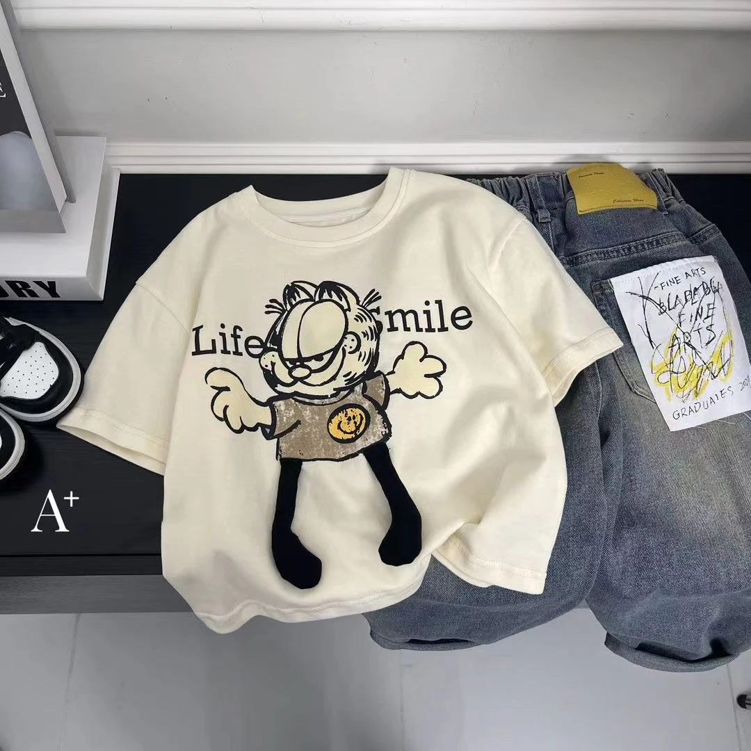 夏季新款儿童男女童半袖款印花百搭休闲短袖卡通T恤纯棉圆领潮流