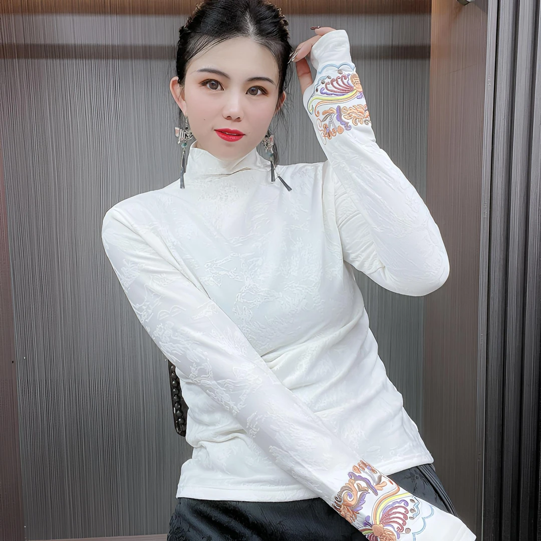 【依依-打底】新中式高领打底衫高级感冬季加绒重工刺绣织花衫内搭
