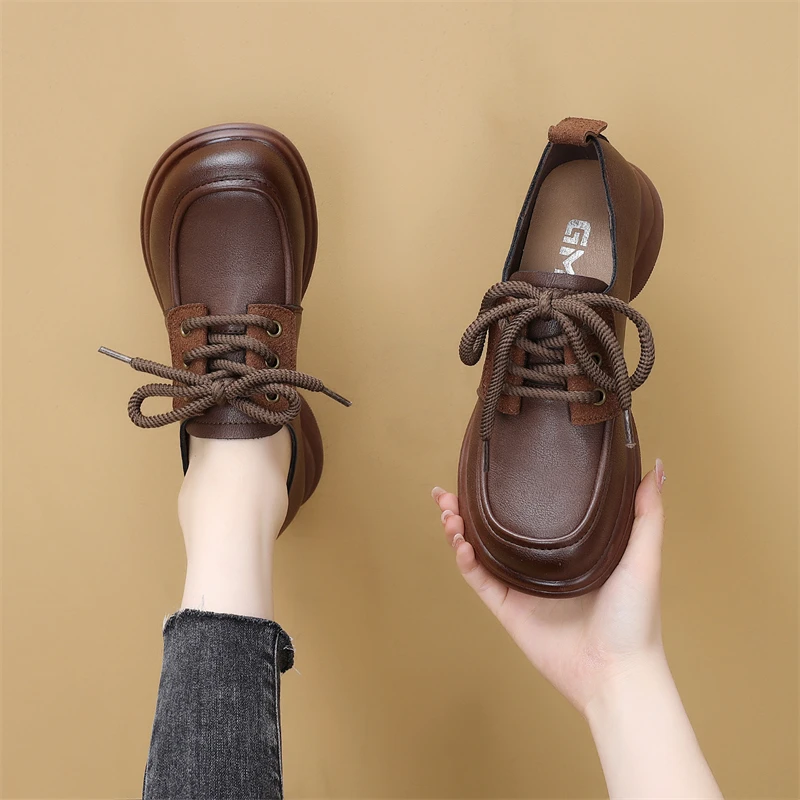 2024春秋新款小皮鞋女款时尚百搭软面软底系带显瘦圆头单鞋