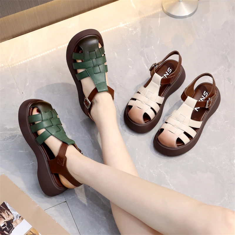 真皮复古包头罗马凉鞋女2023年夏季新款小众学院风松糕厚底猪笼鞋