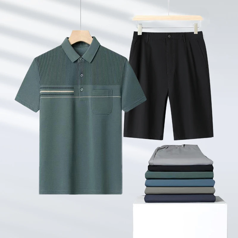 【上衣+裤子】爸爸装套装衣服男士休闲夏季中老年薄款宽松T恤短袖