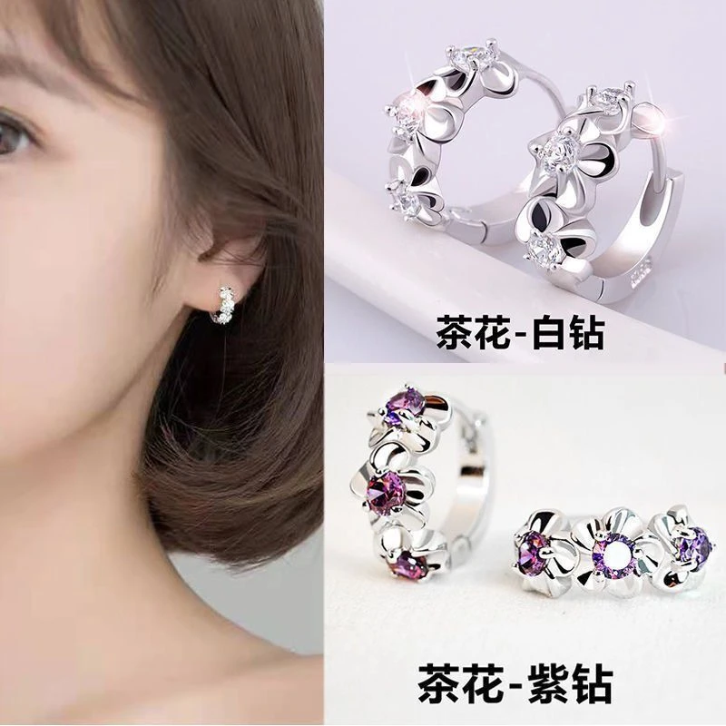 花朵s925银圆圈镶耳扣女气质韩国梅花耳环女耳钉简约小巧精致