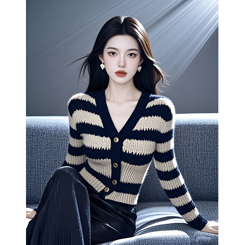 慵懒风百搭修身显瘦毛衣高级感超好看拼色条纹针织衫