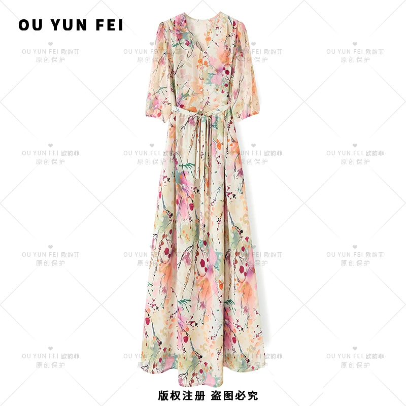 【欧韵菲】新款夏季时尚轻奢气质系带优雅碎花法式女装连衣裙F1509