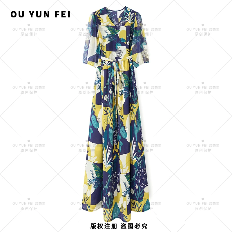 【欧韵菲】新款夏季时尚轻奢气质系带优雅碎花法式女装连衣裙X9320
