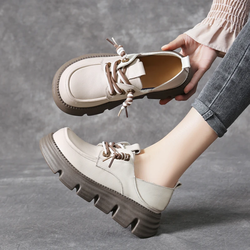 大码41-42真皮乐福鞋女英伦风2054春秋季新款单鞋松糕厚底小皮鞋