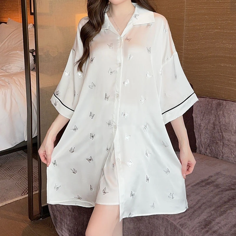 夏季时尚 网红新型反光蝶影提花睡衣女冰雪丝提花甜美气质裙+短裤