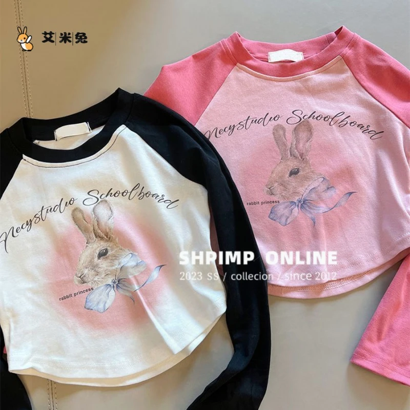 女童T恤2023年春装卡通兔插袖外穿打底衫宝宝韩版洋气百搭上衣潮