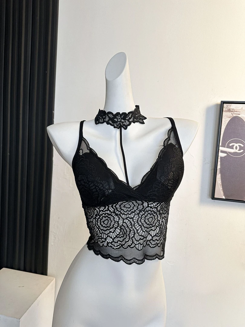 纯欲性感红色蕾丝吊带小背心女2024夏季新款内搭裹胸挂脖美背上衣